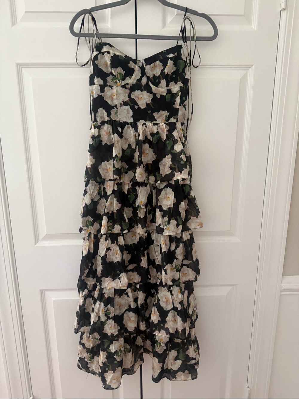 Black Floral Tiered Midi Dress with Tie Straps